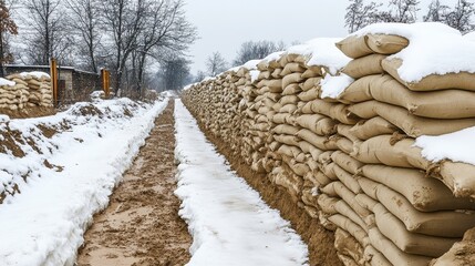 Snow dusted sandbag defensive barrier lines a winter trench with muddy ground and leafless trees in the background