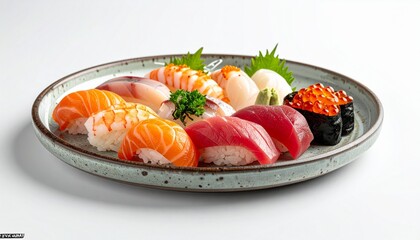 Exquisite Assortment of Fresh Japanese Sushi and Sashimi Artfully Arranged on a Ceramic Plate for a Delightful Culinary Experience