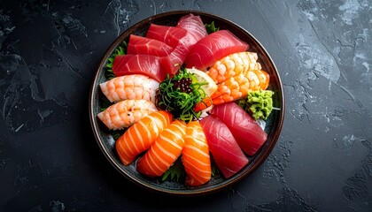 Colorful Assortment of Fresh Sushi and Sashimi on a Dark Plate
