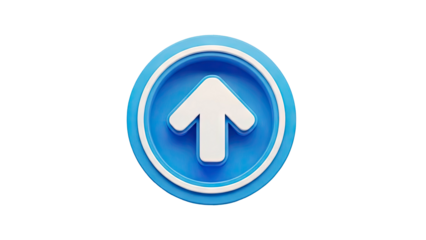3D Blue circular button with white arrow pointing up on transparent background