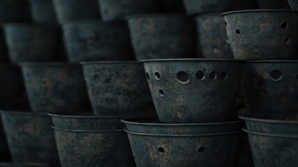 Stacks of aged metal bowls with textured surfaces and numerous perforations displayed in a rustic arrangement