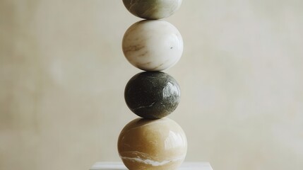 Stacked marble spheres balancing on each other in studio setting