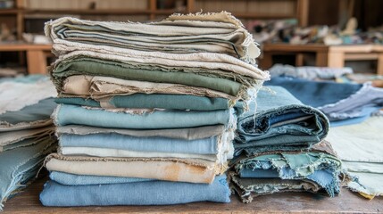 Stacks of Scavenged Fabric Bundles Sorted by Colors