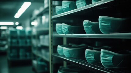 Sterilized surgical masks in bulk packaging displayed on shelves in a medical supply facility