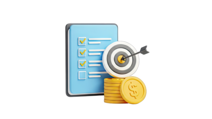 3D Business Goal Achievement with Coins and Checklist on transparent background