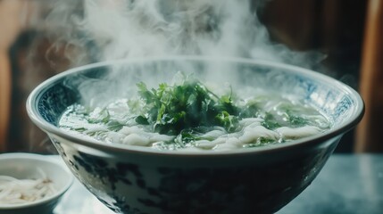 Steaming bowl of Vietnamese Pho with fresh herbs presentation