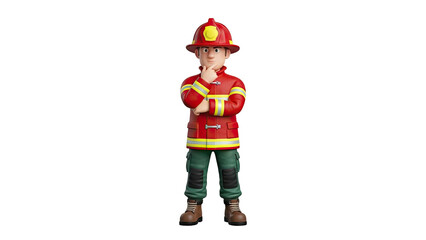 3D Cartoon Firefighter Pondering on transparent background