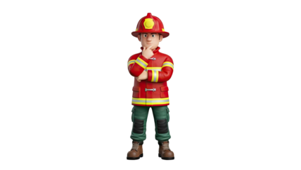 3D Cartoon Firefighter Pondering on transparent background