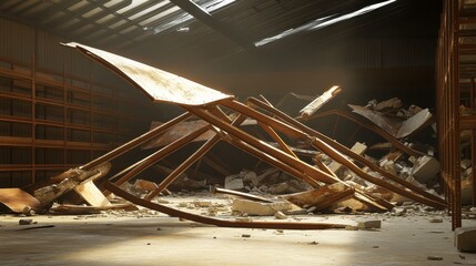 The twisted metal framework of a damaged storage rack lies in wreckage amidst debris inside a ruined industrial interior