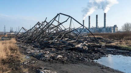 Twisted metal framework of a dismantled structure lying in ruins with industrial smoke plumes rising in the background under a clear blue sky
