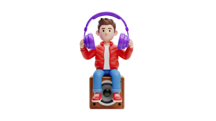 3D Cartoon Boy with Headphones Sitting on Speaker on transparent background
