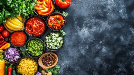 Top view of spicy Thai food ingredients arranged on stone table