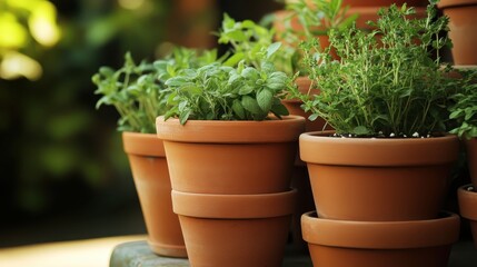 Terracotta Pots with Herbs Growing in a Garden Setting