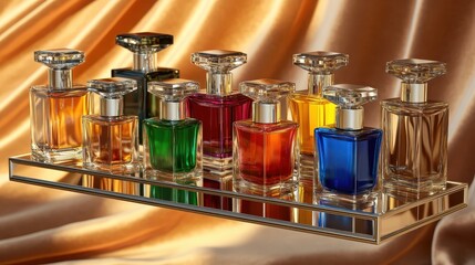Variety of Colorful Perfume Bottles Displayed on a Mirrored Shelf