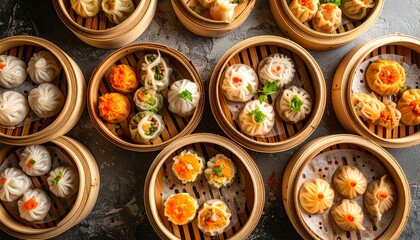 Assortment of vibrant traditional Chinese dim sum dumplings, meticulously arranged in classic bamboo steamers, a culinary feast