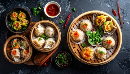 A Delicious Assortment of Traditional Asian Dim Sum and Steamed Dumplings Served in Bamboo Steamers