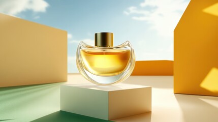 Transparent perfume bottle on a geometric pedestal outdoors