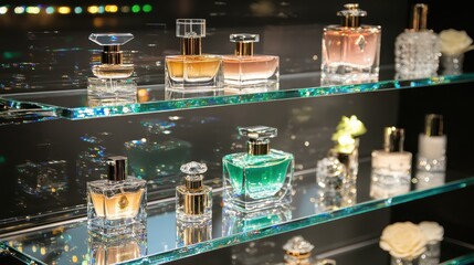 Various Perfume Bottles on a Mirrored Glass Display Shelf