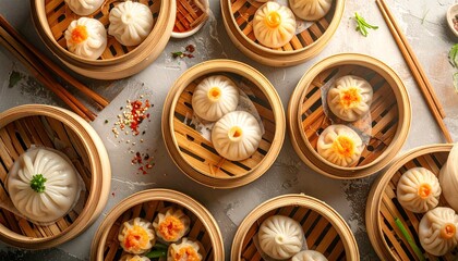 Authentic Steamed Chinese Dim Sum Assortment in Bamboo Baskets, Overhead View
