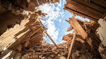 View through a collapsed roof showing broken wooden beams and debris against a bright blue sky with white clouds