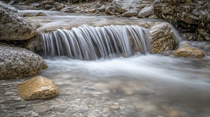 Water flowing over rocks in a mountain stream with clear water