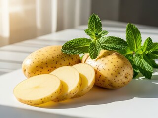 Sliced potatoes with fresh mint leaves on a white plate on table indoors