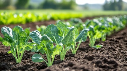 Young organic broccoli seedlings growing in an outdoor garden