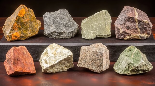 Volcanic rock samples in a collection displayed closeup