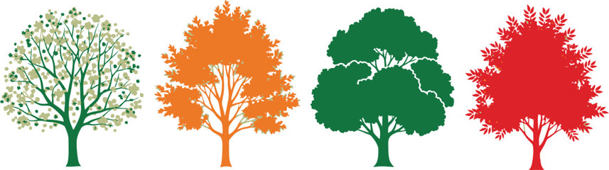 Stylized Tree Quartet in Green, Orange, and Red &ndash; Botanical Illustration of Seasonal Foliage Transitions