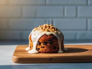 Delicious sweet bun with icing and nuts on a wooden cutting board in kitchen