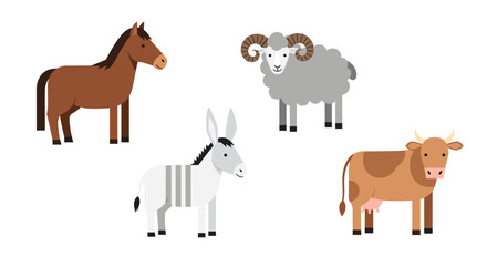 A charming collection of four flat design farm animals including a brown horse a grey ram a donkey and a spotted cow on a white background.