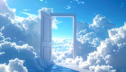 An open door floats within an expansive, sunlit sky, surrounded by fluffy, white clouds and an ethereal atmosphere