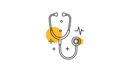 Obraz premium A minimalist line art icon of a medical stethoscope with a heartbeat line and abstract yellow shapes representing healthcare and diagnostics.
