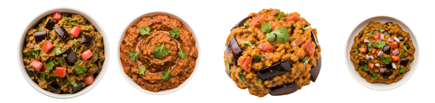 Four bowls of baingan bharta with tomatoes and cilantro served in white ceramic bowls on a transparent area on transparent background