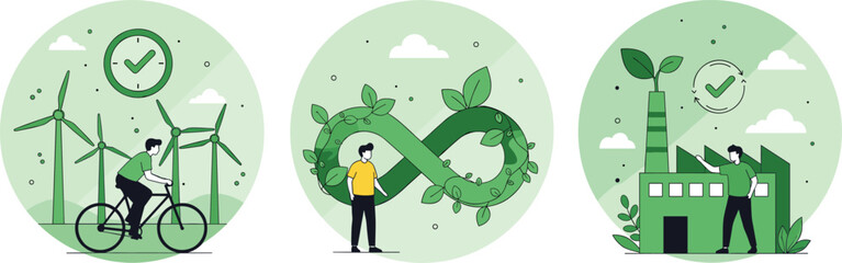 Sustainable industry and renewable energy concept set with wind turbines recycling and eco factorySustainable industry and renewable energy concept set with wind turbines recycling and eco factory