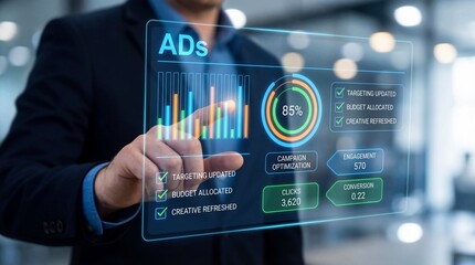 Modern advertising strategies business office digital analytics contemporary environment close-up view performance optimization