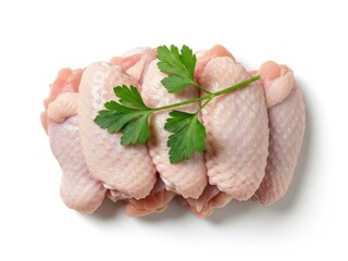 Raw chicken legs with parsley on top isolated on white background for cooking or recipe use