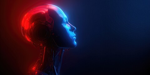 Future Mind: The image showcases a futuristic, metallic head, bathed in a captivating interplay of red and blue light, signifying innovation. 