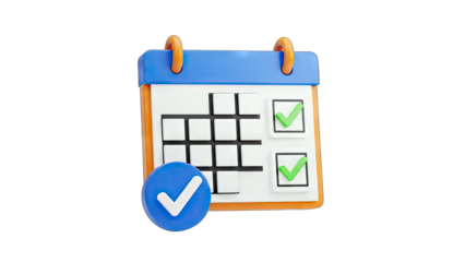 3D calendar icon with checkmarks and tick symbol on transparent background