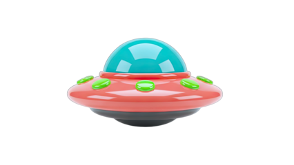 3D Cartoon UFO flying saucer with blue dome and green lights on transparent background