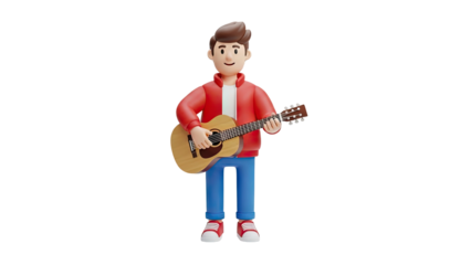 3D Cartoon man playing acoustic guitar on transparent background