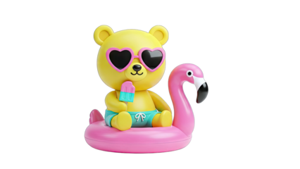 3D Cute cartoon bear with heart sunglasses and ice pop on flamingo float on transparent background
