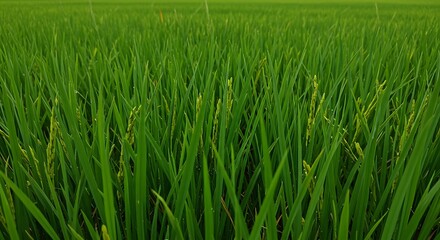 Obraz premium Vibrant green rice field under bright sunlight showing natures beauty