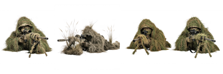 Set of Snipers in Ghillie Suits Camouflaged in Grass and Brush, Oil Paint Style, Isolated on Transparent Background, PNG