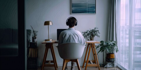 Serene Workspace Reflection: A solitary individual immersed in their work, seated at a desk amidst a minimalist setting, headphones framing a moment of deep focus, offering insight into productivity.