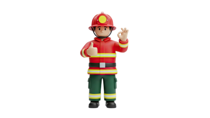 3D Firefighter Character Giving Thumbs Up and OK Gesture on transparent background