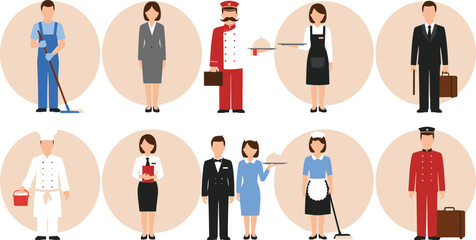 Hotel hospitality staff and service characters set with chef waiter and receptionistHotel hospitality staff and service characters set with chef waiter and receptionist