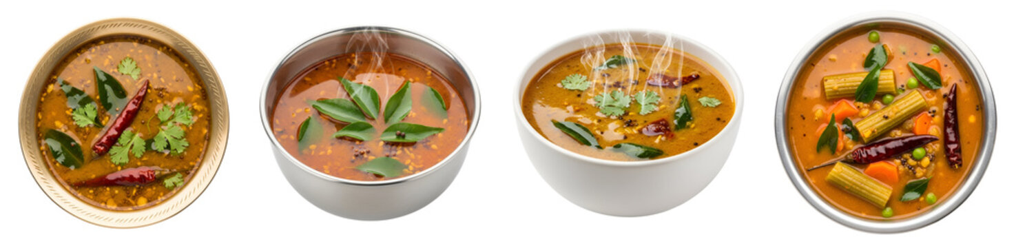 Four bowls of sambar soup with different garnishes and vegetables on a transparent background view