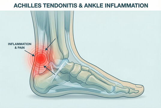 Detailed illustration of Achilles tendonitis and ankle inflammation with highlighted pain area and foot skeleton