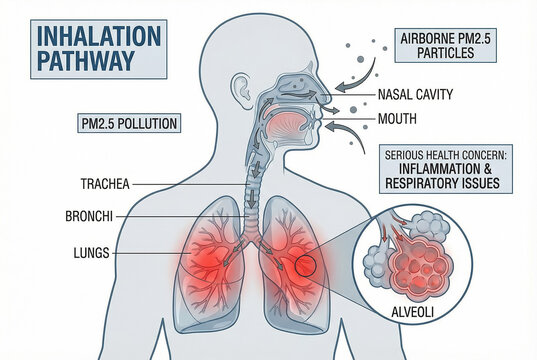 Medical diagram of the inhalation pathway showing PM2.5 air pollution entering the respiratory system and causing lung inflammation